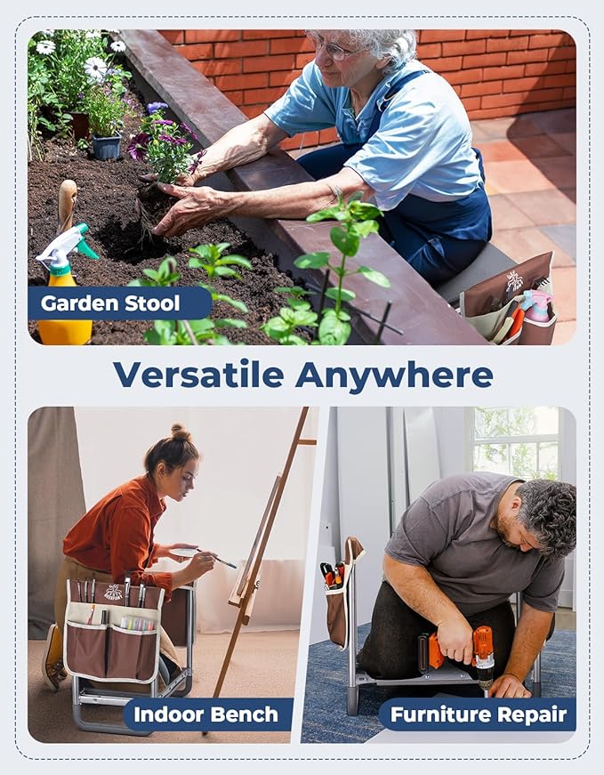 DEERFAMY Garden Stool 10.2" Width, Garden Kneeler and Seat Load Cap 350 lbs, Heavy Duty Gardening Stool with Extra Kneeling Pad, 2 Tool Pouches, Claw Gloves, Gift for Women Seniors, Brown