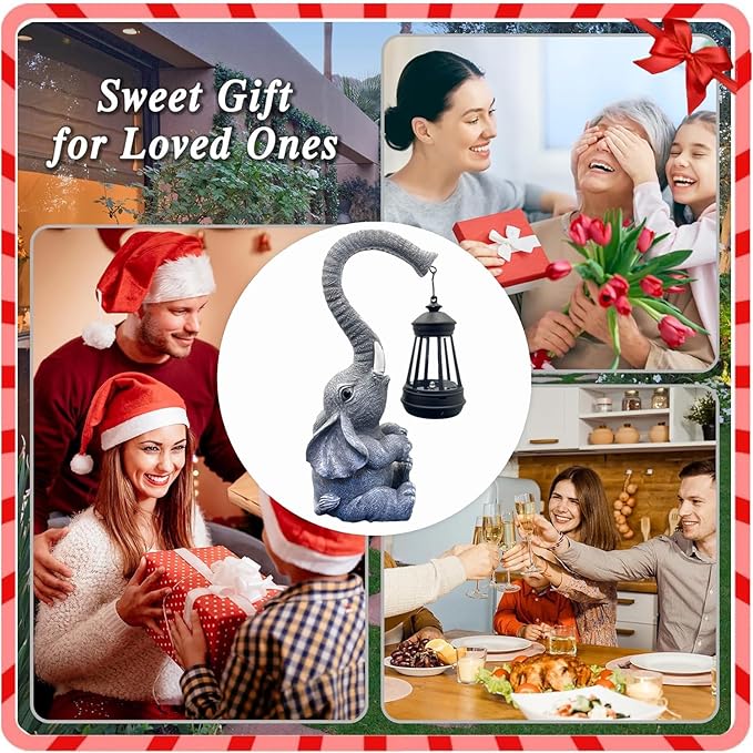 10.6 Inch Statue Elephant with Solar Outdoor Lights for Garden Decor，Lucky Present with Appeal for Birthdays(Man and Women and Family)，Unique Housewarming Presents and Yard Decor. (Gray)