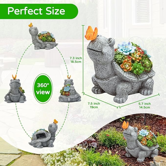 Solar Garden Outdoor Statues Turtle with Succulent Butterfly 8 LED Lights, Lawn Decor Tortoise Figurine for Patio Balcony Yard, Yard Unique Christmas Birthdays Gift for Mom Grandma