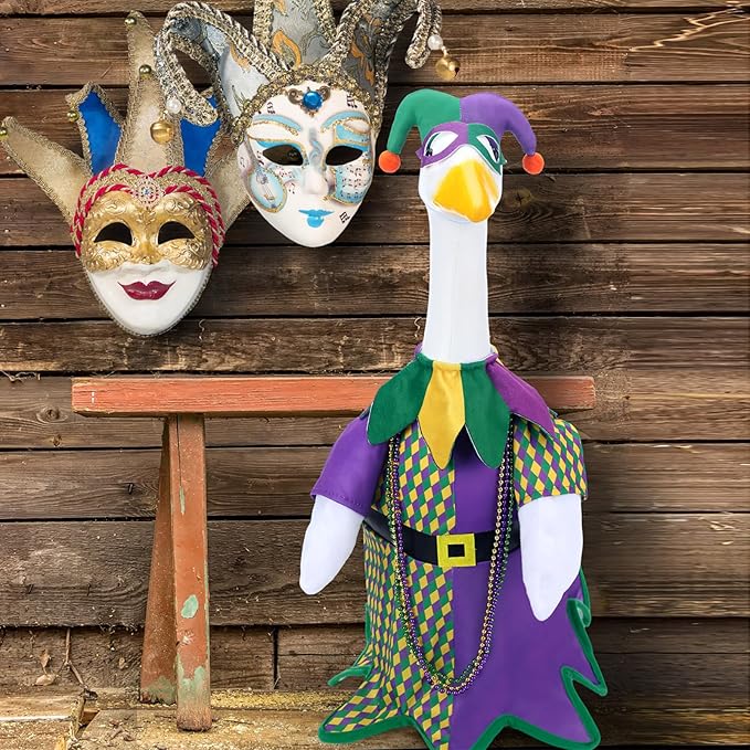 Mardi Gras Jester Outfit Goose Clothes for 23 High Cement or Plastic Lawn Porch Lawn Garden Goose Costume Clothing