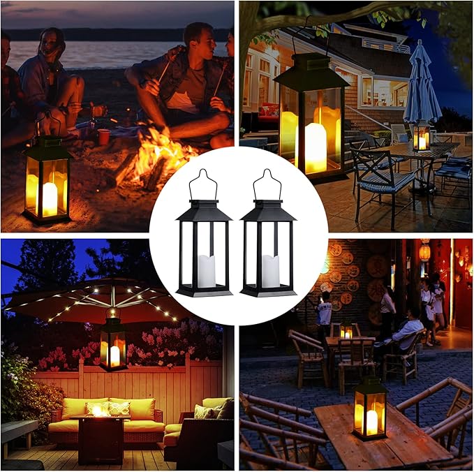 2 Pack Solar Lanterns, Outdoor Garden Hanging Lanterns, 11.8 Inch LED Flickering Flameless Candle Mission Lights for Yard, Table, Patio (Black)