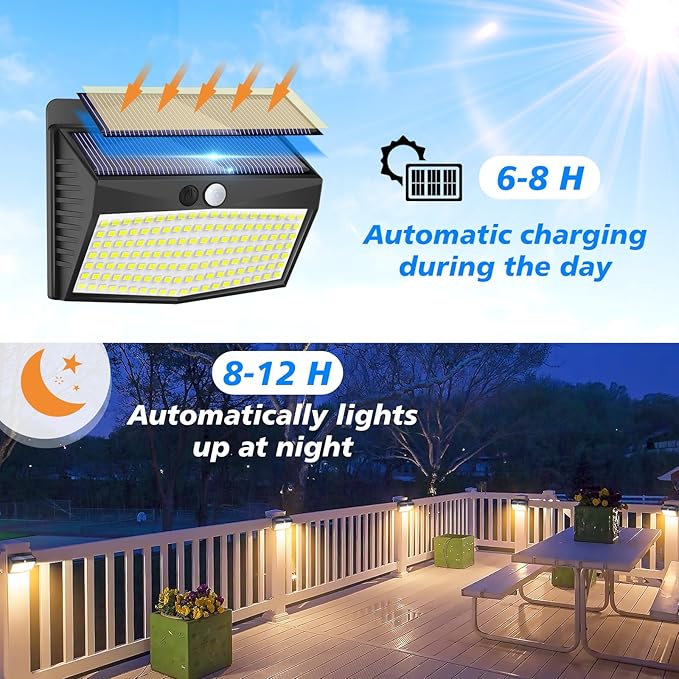 Solar Motion Sensor Outdoor Lights [138 LED/2 Packs] Solar Security Lights Outdoor with 3 Lighting Modes Solar Powered Lights Waterproof for Outside Wall Garden Fence Backyard Deck, Warm White
