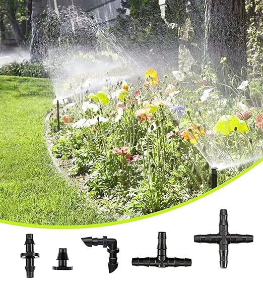 Dianrui 220 PCS Drip Irrigation Kit, Drip Irrigation Parts 1/4'' Tubing Fittings Kit for Garden Lawn Flower Sprinkler Systems-End Plug/ 4-Way Connector/Single barbs/Straight Barbs/Oblique Barbed Tees