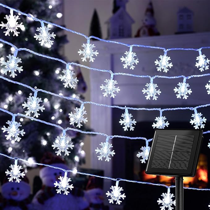 Brightown Solar Christmas Snowflake String Lights, 72FT 200 LED Outdoor Waterproof Fairy Lights with 8 Lighting Modes for Wedding, Party, Tree, Room, Garden, Patio, Yard, Home, Pure White