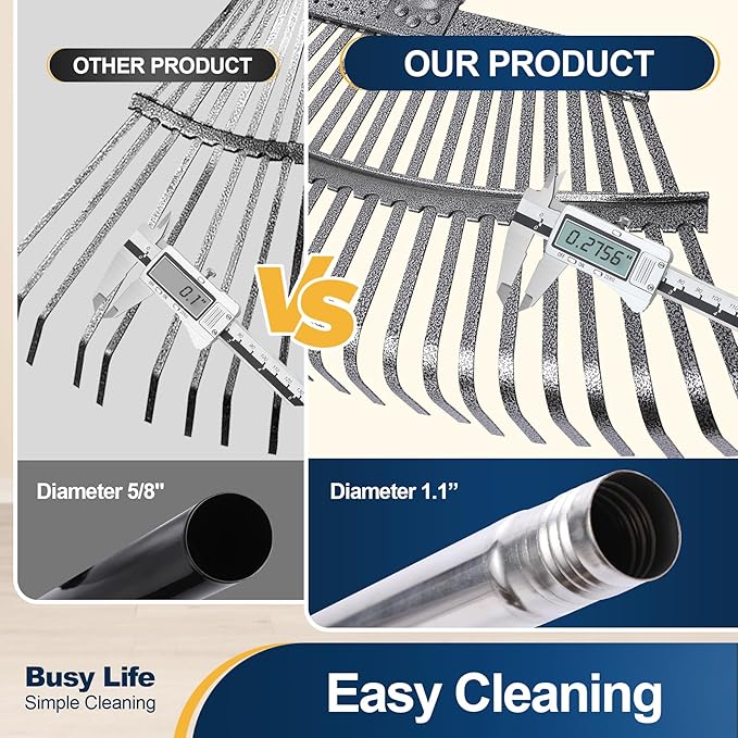 Yocada 19.3" Garden Leaf Rake Wide Heavy Duty Adjustable Long Handle Garden Rake for Yard Garden Lawn Leaves (25 Tines)