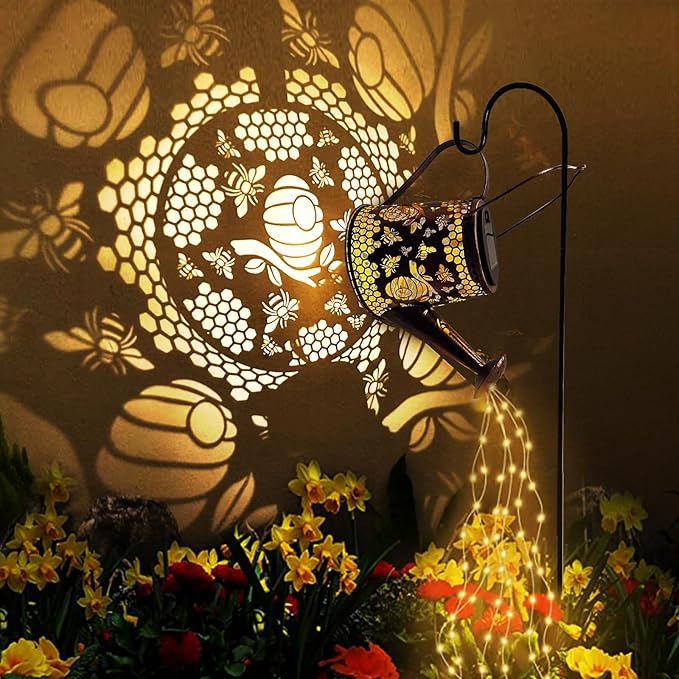 Solar Watering Can Outdoor Lights Garden Decor,Bee Hanging Lantern Waterproof Landscape Lights Outside Decoration for Yard Porch Patio Pathway Gardening Gifts(with 32 inch Shepherd Hook)