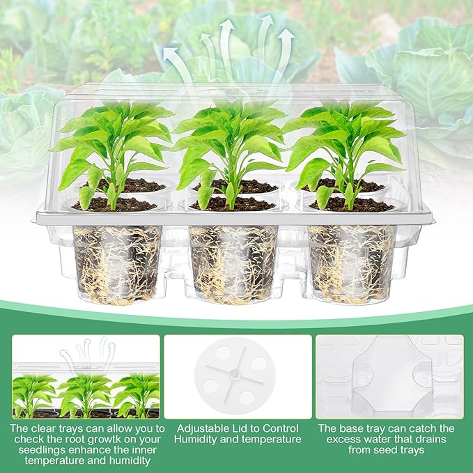 Vesici 10 Pack Seed Starter Tray Kit Seedling Starter Trays with 4 Inch Nursery Pots and Humidity Dome (60 Cells) Mini Greenhouse Plant Germination with Labels for Garden(Clear)