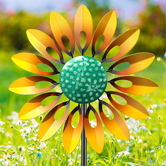 Sunflower Standing Wind Sculpture, Outdoor Wind Spinner with Stake, Metal Windmill for Garden, Lawn Yard Art Decorations (1pcs-Yellow)