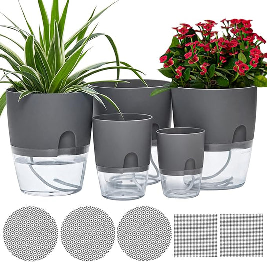 6/4.1/3.2 Inch Self Watering Planter Pots, 5 Pack African Violet Pots for Indoor Outdoor Windowsill Gardens, Self Aerating, High Drainage, Deep Reservoir(Gray)
