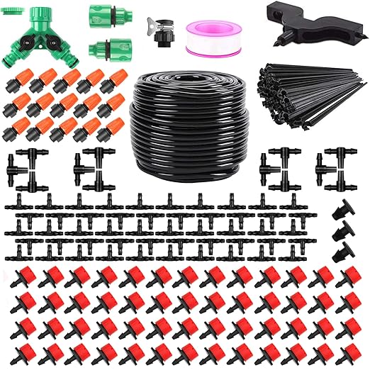 Drip Irrigation System, Irrigation System with 165FT 1/4 Inch Distribution Tubing, DIY Saving Water Garden Watering System, Automatic Drip Irrigation Kits for Garden, Greenhouse, Lawn, Patio