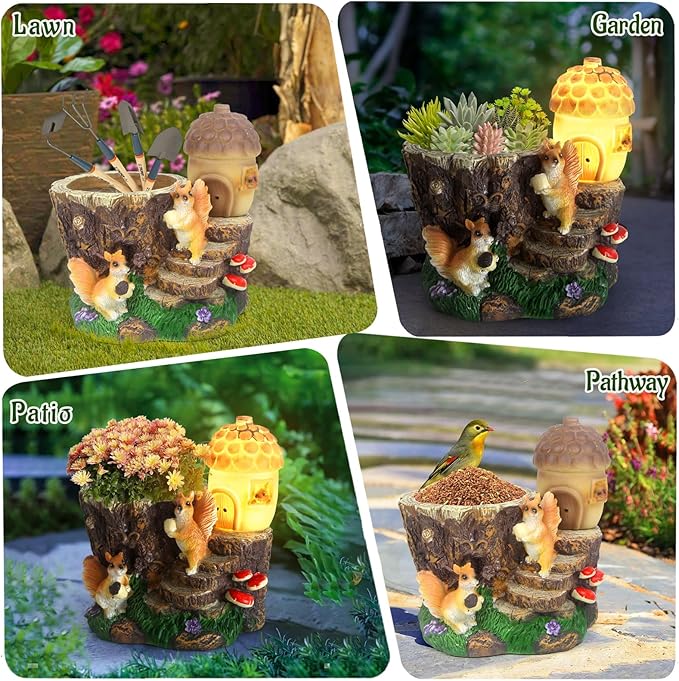Solar Garden Statue Squirrel Decor,Flower Pots Planters Pots for Succulent,Outdoor Garden Sculpture for Patio Balcony Yard Lawn Decor,Unique Gift for Dad Mom Grandma