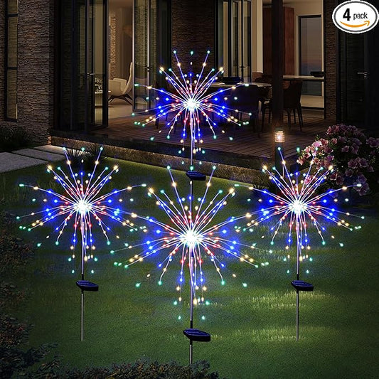 Solar Garden Firework Lights Outdoor Waterproof 4 Pack 120 LED Sparklers Solar Lights for Outside Patio Backyard Yard Pathway Walkway Decorations (Colorful)