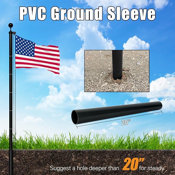 NELXINJO 25FT Sectional Flag Pole Kit, Heavy Duty Aluminum Outdoor In-Ground Flagpole, Black Ball Top, 3x5 USA Flag for Residential commercial Outdoor Garden(25FT, Black)