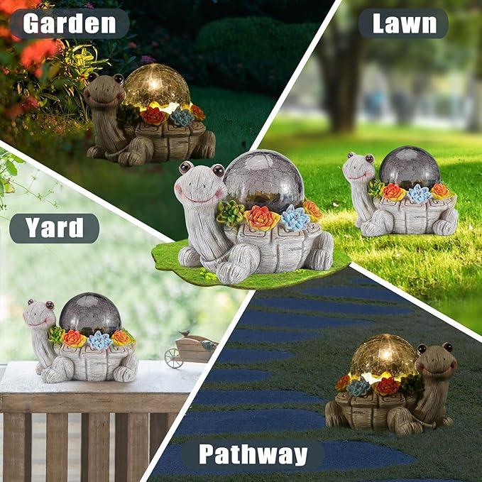 Solar Turtle Garden Statue Lights for Outdoor Decor with Cracked Glass LED Figurine Lighting Resin Succulent Tortoise Decorations Patio Lawn Yard Housewarming Mom Gifts (Grey, Large)