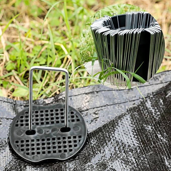 50 pcs 6 inch U-Shaped Landscape Staples and 50 pcs Fixing Gasket Sets, Garden Landscape Staples are Suitable for Outdoor Irrigation Hoses,Fixed Fences,Artificial Turf Nails and Tents.