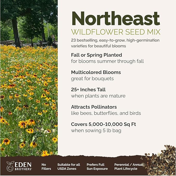 Eden Brothers Northeast Wildflower Mixed Seeds for Planting, 5 lb, 2,400,000+ Seeds with Cosmos, Candytuft, Shasta Daisy | Attracts Pollinators, Plant in Spring or Fall, Zones 3, 4, 5, 6, 7, 8, 9, 10