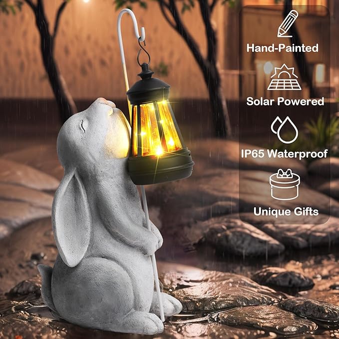 Solar Garden Outdoor Statues,Resin Rabbit Figurine Decorations with Solar Lantern, Outdoor Rabbit Art Decor for Lawn,Yard, Unique Housewarming Gift for Garden Home