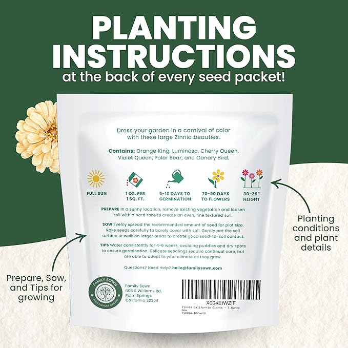 Zinnia California Giants - Large 1 Ounce Packet - 3,000 Flower Seeds for Planting - Zinnia elegans