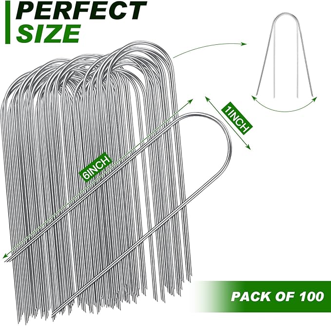 Tandefio 100 Pack Drip Irrigation Tubing Stakes 6 Inch Garden Pins Landscape Staples Securing Pegs Galvanized Lawn Yard U Pegs for Hose, Chicken Wire, Weed Barrier Fabric, Dog Fence