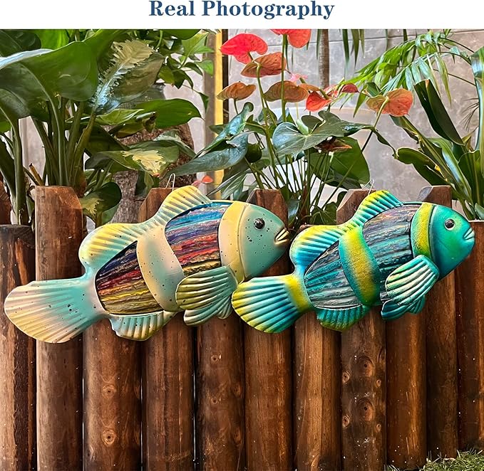 LIFFY Metal Fish Wall Decor - Outdoor Metal Wall Art - Coastal Wall Decor - Hanging Decoration for Garden, Fence, Living Room, Bedroom | Wall Art (11.8", 2 pcs)