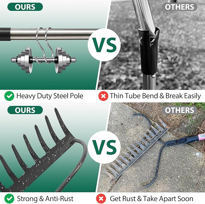 Rake for Leaves, Garden Bow Rake Heavy Duty, 5 ft Leaf Rake for Lawns, Back-Saving Metal Rake with 14 Tines Rake Head, Yard Gardening Tools for Loosen Soil, Clear Gravel Grass Rock, Level Mulch