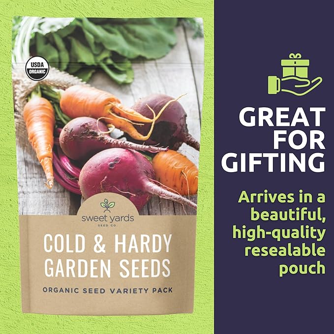 Organic Cold & Hardy Seeds Variety Pack - 10 Individual Packs - 2025 Season - Caulifower, Turnip, Kale, Carrots and More! for Indoor & Outdoor Planting (Non-GMO, Certified Organic)