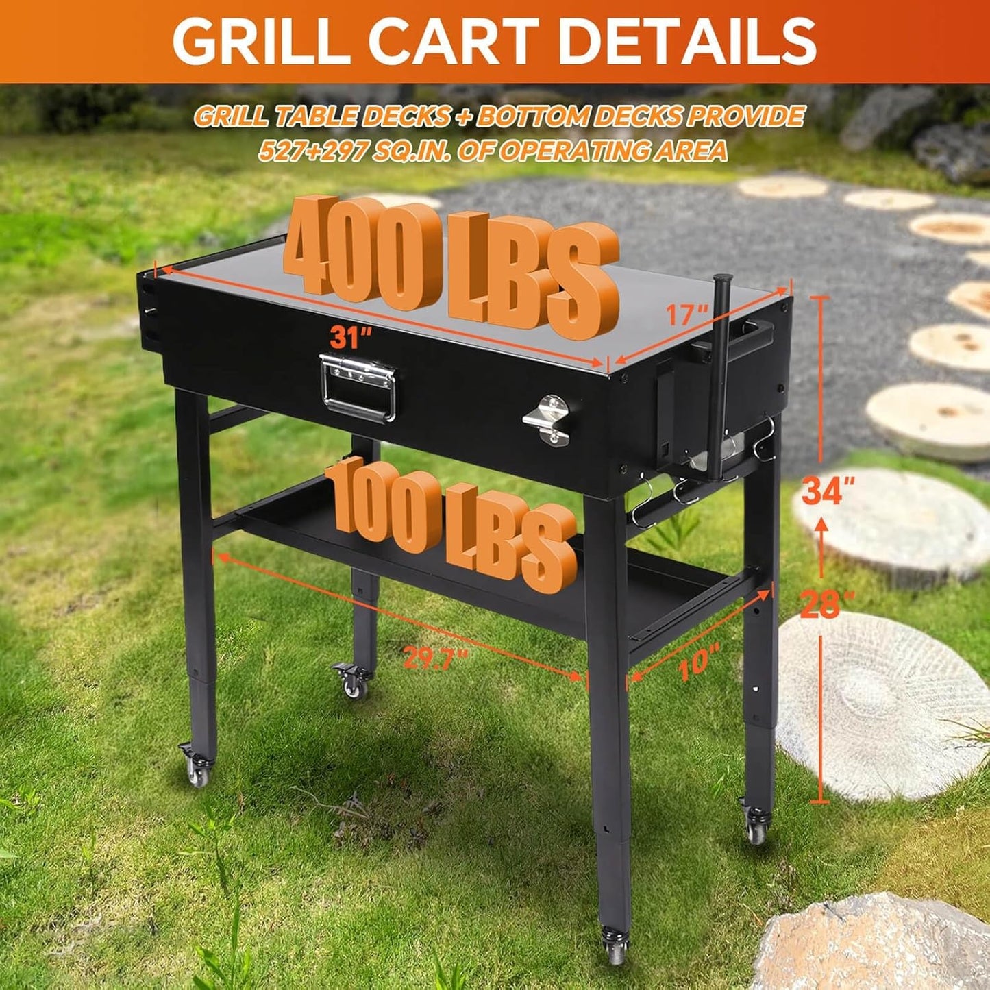 Grill Table for Ninja Woodfire OG700, Foldable Grill Cart for Blackstone, Weber, Ooni Pizza Oven, Upgraded Portable Outdoor Grill Stand, Adjustable Height, with Caddy, Paper Towel Holder, 4 Wheels