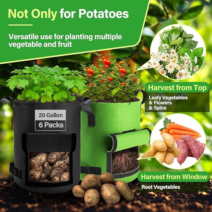 6 Pack Potato Grow Bags 20 Gallon with Flap, Grow Bags for Growing Potatoes, Durable Fabric Garden Planter Pots with Harvest Window for Vegetable & Fruits, Black & Green