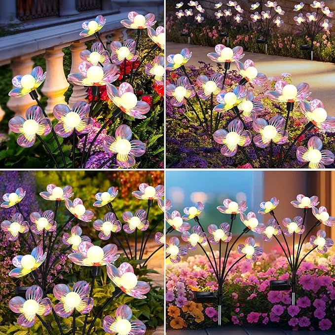 Solar Garden Lights Outdoor, NBQQ New Upgraded 4-Pack Firefly Solar Lights with Iridescent Petals & Warm White Glow - Waterproof Wind-Swaying Decor for Yard, Patio