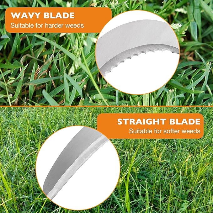 HQPASFY Weeding Sickle Set, Long Handle Sickle with Serrated Double-Edged Blade, Grass Sickle Stand Up Weeding Tool with 2 Pack Leaf Scoops, 16 Gallon Lawn Bag with Gardening Gloves ﻿﻿for Yard