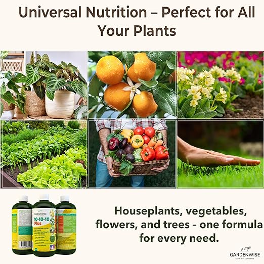 10-10-10 Fertilizer for All Purpose Plants - Liquid Fertilizer with Seaweed Kelp & Iron - Plant Food Outdoor & Indoor Plant Food, Vegetables,Flowers, Lawn & Garden 10 10 10 Fertilizer 16 oz