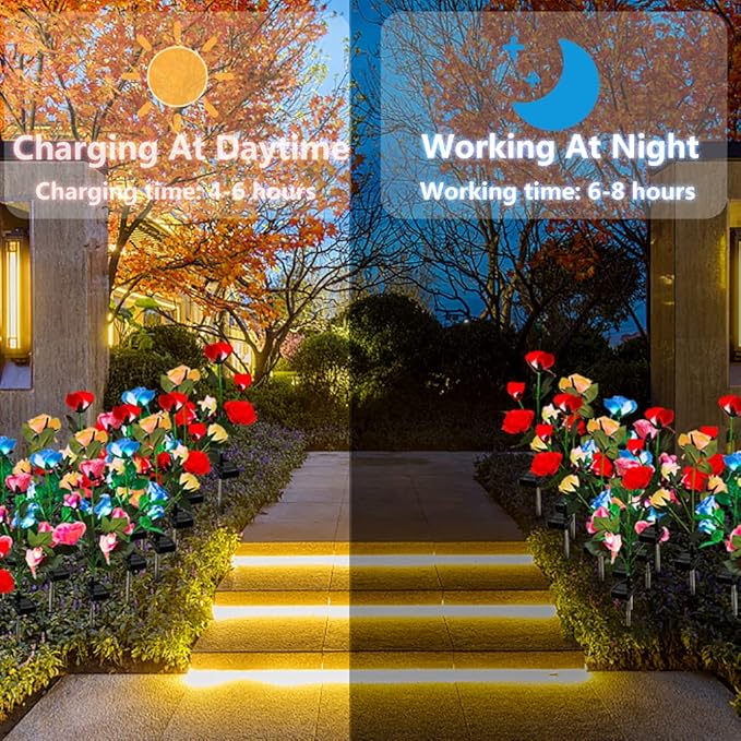 Solar Garden Lights Outdoor, 4 Pack Flower Lights for Outside, 16 Solar Lilies with Butterflies, Waterproof Garden Decor for Yard, Patio, Gifts for Women Mom (4 pcs 7-Color Rose)
