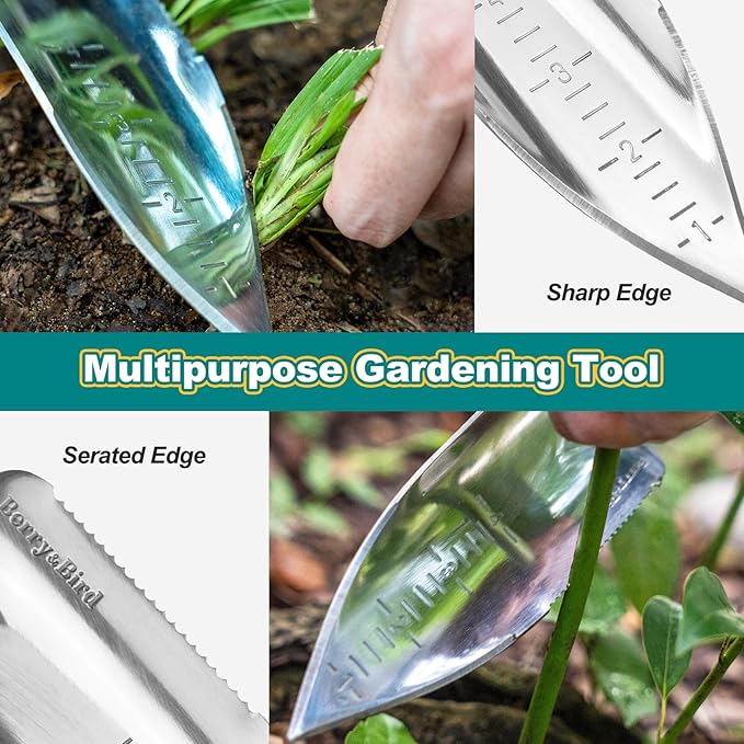 Berry&Bird Potting Trowel, Stainless Steel Serrated Hand Shovel, Wood Handle Garden Trowel Tool with Measuring Scale for Effortless Digging,Roots，Planting, Cutting and Transplanting