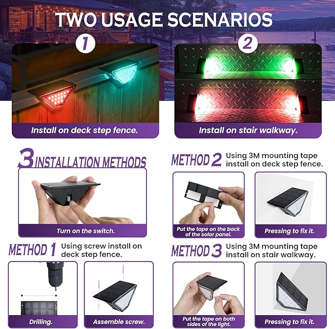 SOLPEX Solar Step Lights for Outside, 24 LEDs Solar Stair Lights Outdoor Waterproof Decor for Porch, Front Door, Stair, Step, Deck, Fence, Balcony, Patio, Wall, Yard, Garden(12 Pack,RGB)