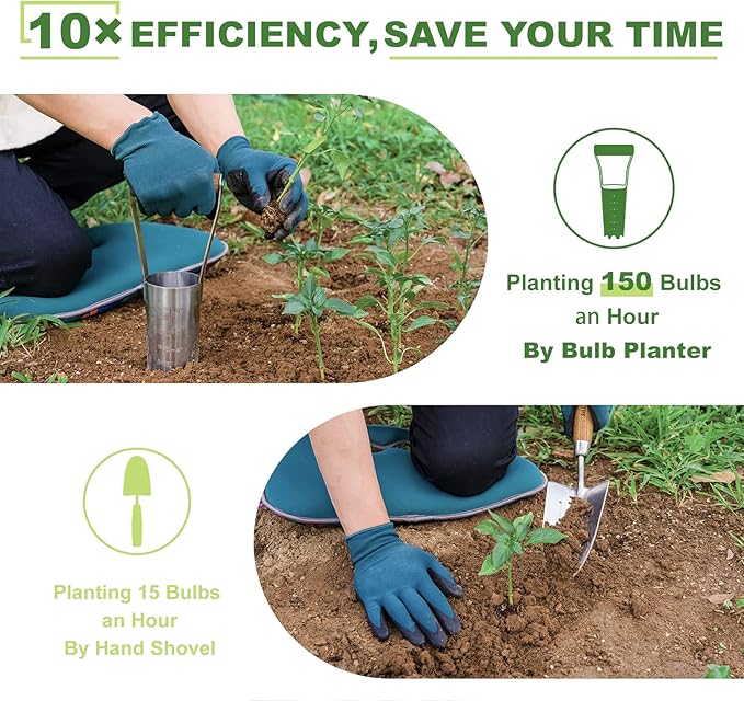 Bulb Planter Tool, 6 Inches Depth Mark Hand Bulb Planter, Non-Bending Stainless Steel Bulb Planter Digger, Garden Bulb Transplanter with Comfortable Grip Wooden Handle for Tulip and Daffodils