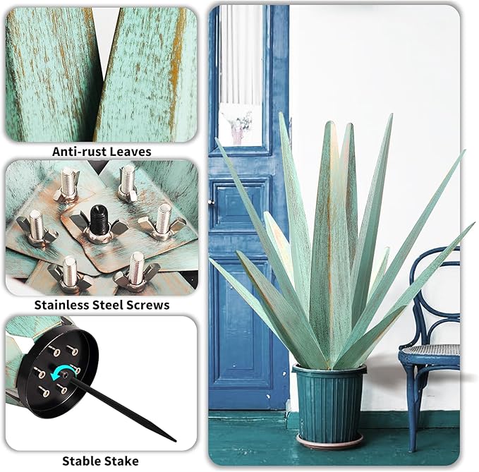 Large Tequila Rustic Sculpture, Rustic Metal Agave Plants for Outdoor Patio Yard, Home Decor Hand Painted Metal Agave Garden Yard Statue, Outdoor Lawn Ornaments (Mint Green - L)