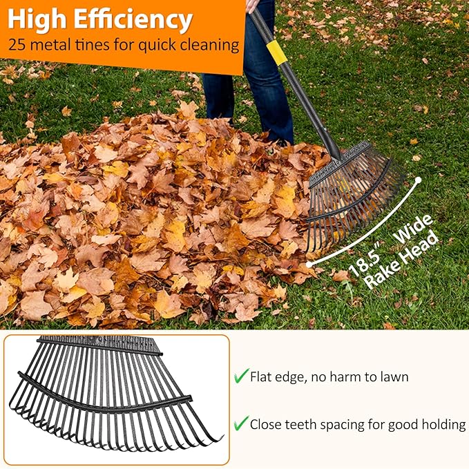 Rake, Garden Rake for Leaves, Heavy Duty Metal Leaf Rake with 37-79 inch Adjustable Long Steel Handle, 25 Tines 18" Wide Yard Rake for Lawns Flower Bed Grass Mulch Shrub Camping Gardening