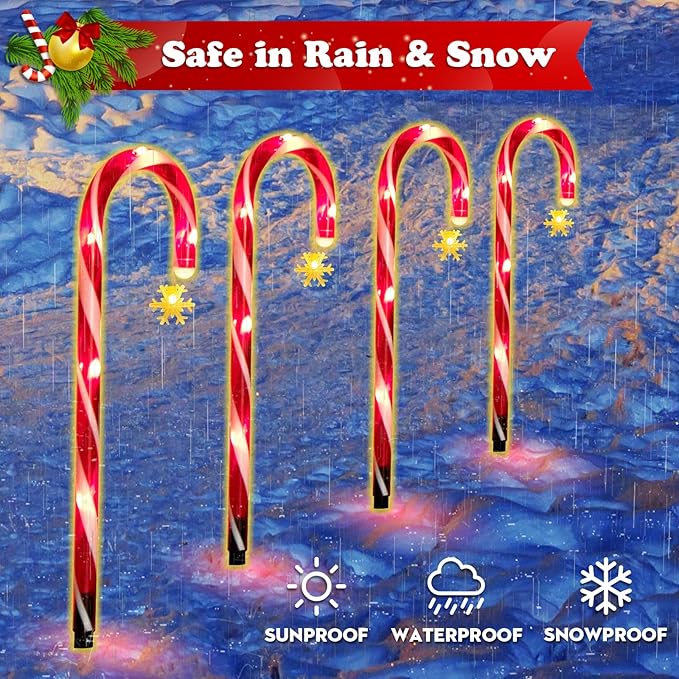 12Pack Christmas Candy Cane Lights Outdoor Decorations Solar Pathway Lights with Snowflake for Yard Waterproof Street Driveway Markers Lawn Walkway Garden Indoor Decor 2in1 Solar Powered