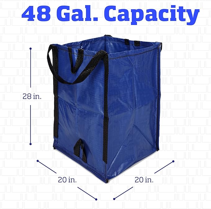 DURASACK Heavy Duty Home and Yard Waste Bag 48-Gallon Woven Polypropylene, Reusable Lawn and Leaf Garden Bag with Reinforced Carry Handles, Pop-Up Self-Standing Garbage Can, Blue, Pack of 3