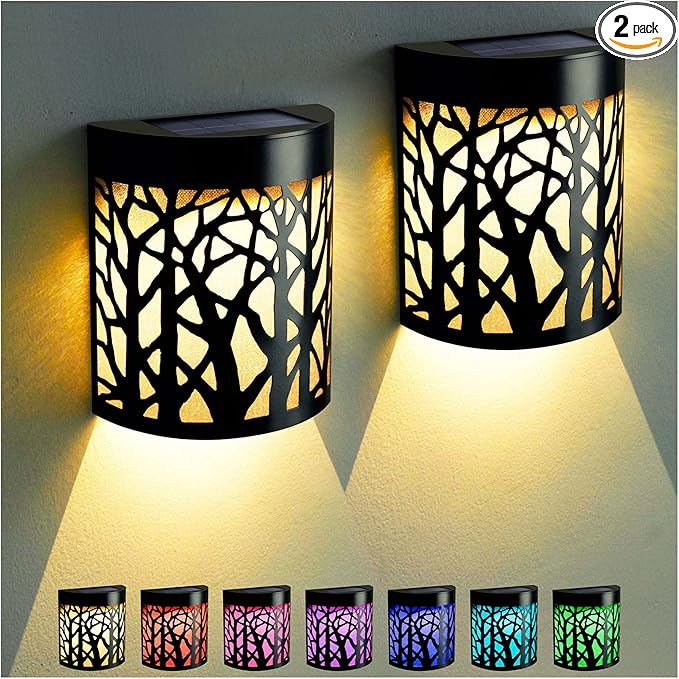 DenicMic Solar Wall Lights Outdoor Wall Sconce Fence Lighting for Patio Front Door Yard Deck Stair Led Forest Decorative Lamps, Waterproof, Warm White/Color Changing (2 Pack)
