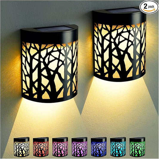 DenicMic Solar Wall Lights Outdoor Wall Sconce Fence Lighting for Patio Front Door Yard Deck Stair Led Forest Decorative Lamps, Waterproof, Warm White/Color Changing (2 Pack)