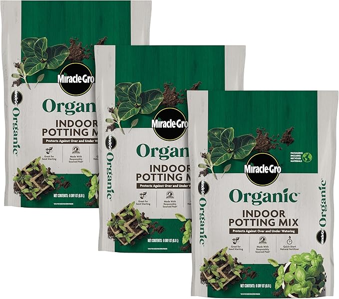 Miracle-Gro Organic Indoor Potting Mix, Protects Against Over and Under Watering, for Indoor Container Plants, Houseplants and Starter Plants, OMRI Listed, 8 qt., 3-Pack