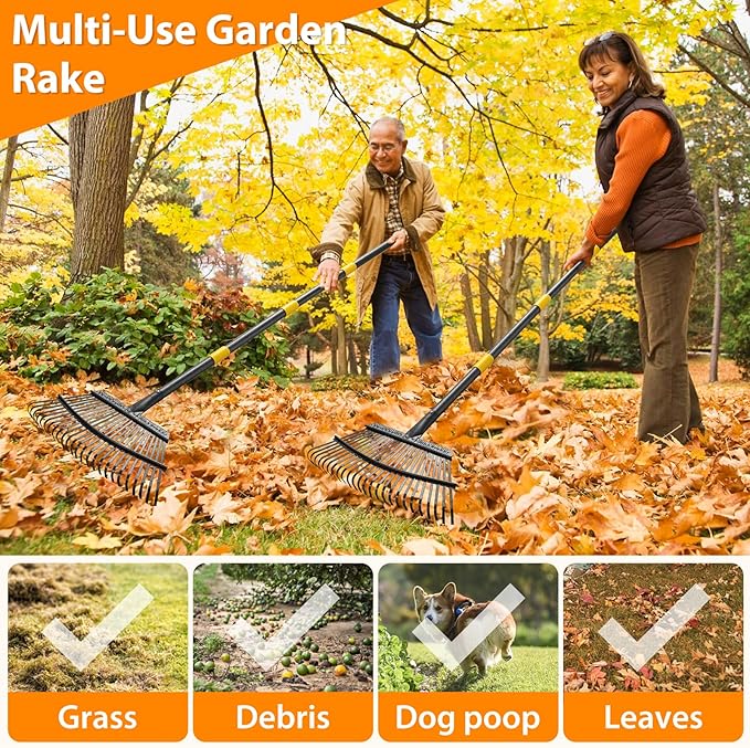 Rake, Garden Rake for Leaves, Heavy Duty Metal Leaf Rake with 37-79 inch Adjustable Long Steel Handle, 25 Tines 18" Wide Yard Rake for Lawns Flower Bed Grass Mulch Shrub Camping Gardening