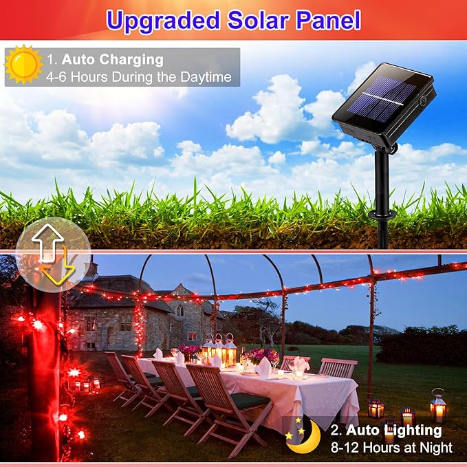 2 Pack Solar String Lights for Outside, Each 40Ft 120 LED Solar Lights Outdoor, 8 Modes Waterproof Solar Powered Twinkle Light for Backyard Patio Tree Party Garden Wedding Decoration, Red