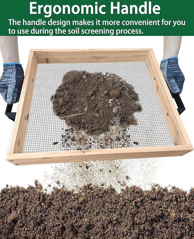 19" x 16" Large Soil Sifter, Soil Sifter for Gardening, Wooden Compost Sifter, Dirt Sifter, Rock Sifter, Soil Sieve with 1/4in Sifting Screen, Sifting Peat Moss Gravel for Wheelbarrow Trowel Tool Set