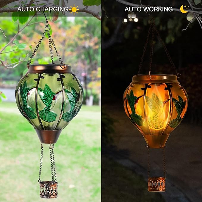 pearlstar Hot Air Balloon Solar Lantern with Flickering Flame Light Outdoor Solar Hanging Lights Waterproof for Garden Yard Farmhouse Patio Pathway Outside Decoration,Glass(Hummingbird)