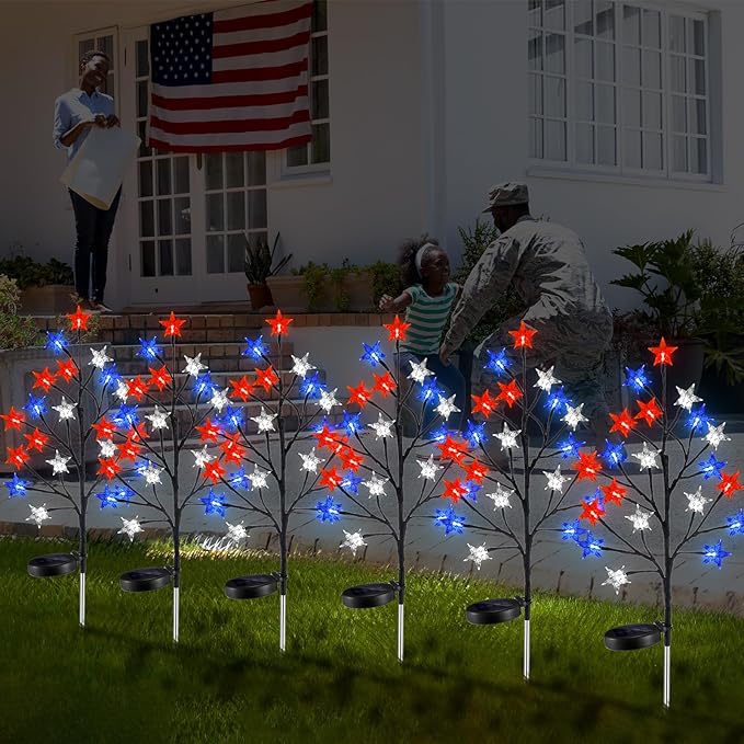 6 Pcs Solar 4th of July Decorations Outdoor Lights 8 Modes Star Stake Lights Waterproof Solar Patriotic Decorations Lights for July 4th Memorial Day Garden Yard Pathway
