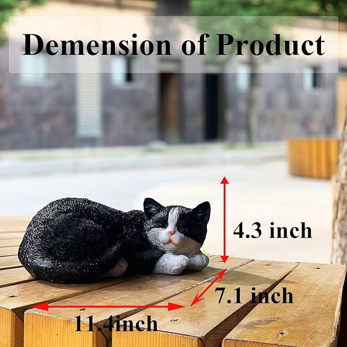 Sleeping Cat Statue Garden Decor, Outdoor Cat Sculpture & Figurine Lawn Ornament, Black & White Tabby Statue for Patio, Lawn, Yard Decorative, Cute Kitten Memorial Grave Accessory