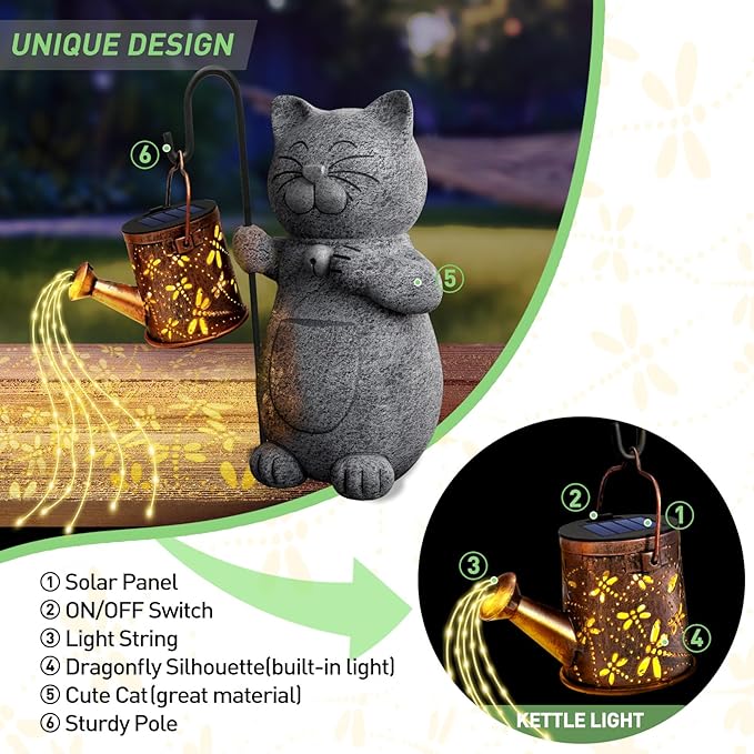 Mothers Day Mom Gifts for Mom, Solar Garden Outdoor Statues Cat with Kettle Light, Birthday Mom Gifts for Her Women Grandma, Cat Lovers Gifts for Women, Gardening Gifts House Warming Gifts New Home