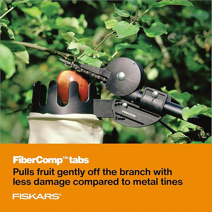 Fiskars Fruit Picker Basket Telescoping with Adjustable Basket Angle, Machine Washable Mesh Bag, Fruit Harvesting Tool